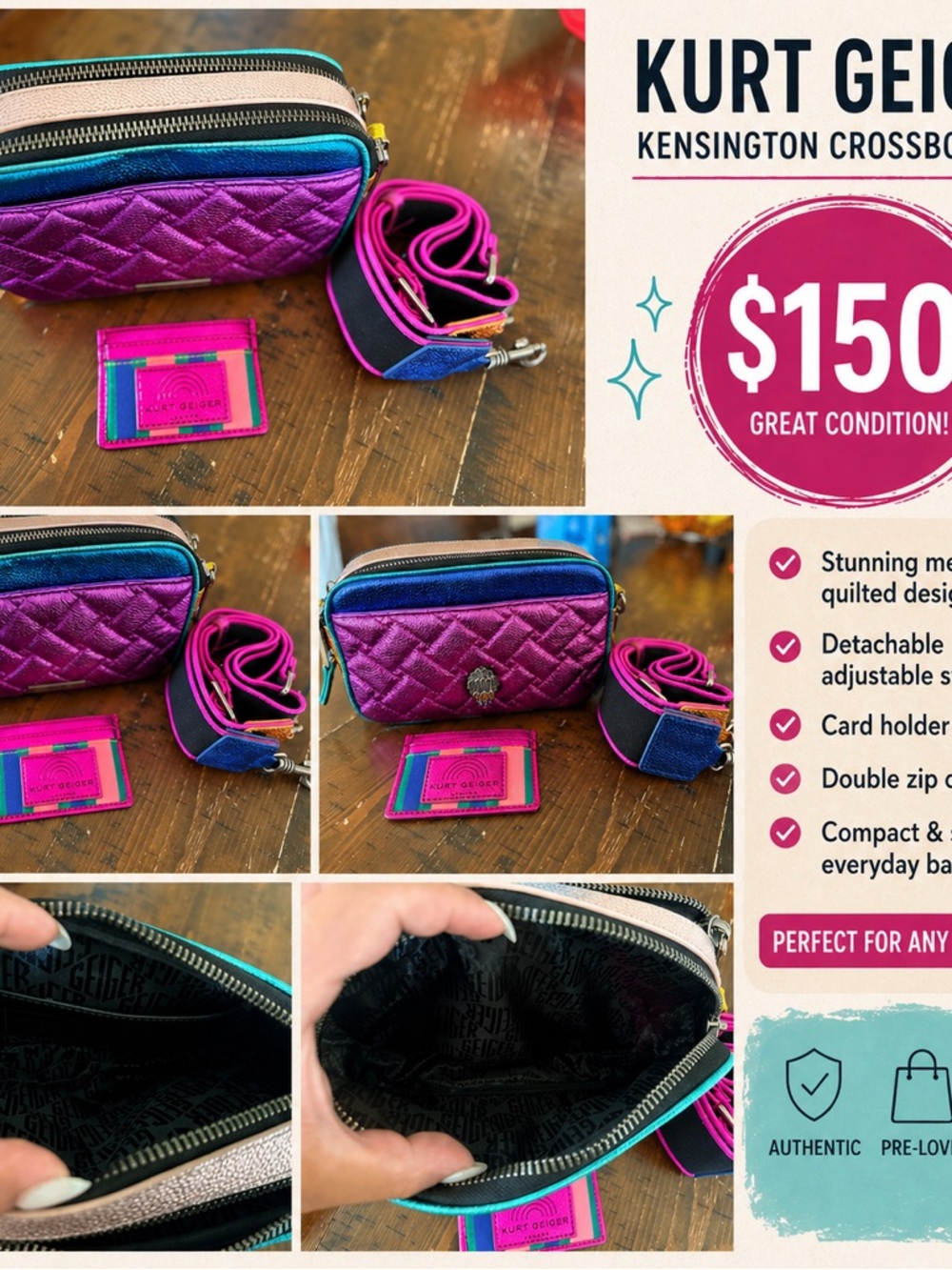 Kurt Geiger Quilted Crossbody in Purple with Teal & Hot Pink